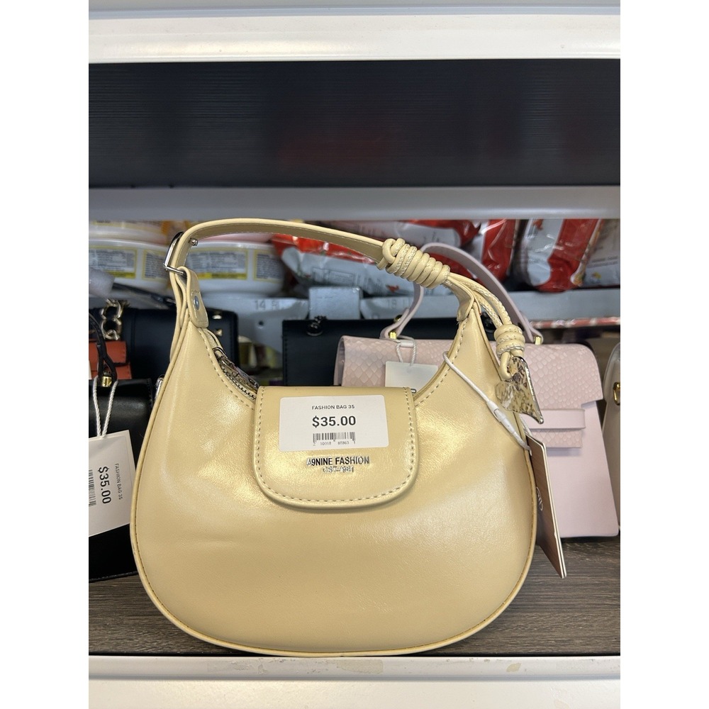 A9NINE FASHION Beige Solid Crescent Shoulder Bag Top Handle Zip Closure NEW